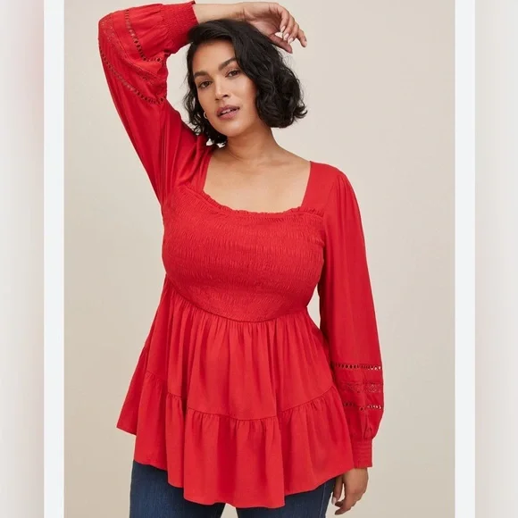 Torrid Orange Babydoll Slub with Lace Inset Smocked Tiered Top, Women’s Plus 2 - Picture 2 of 7